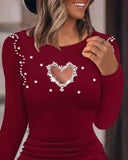 Lubintang for Women 2023 Winter Diamond Pearl Hollow Heart Beaded Ribbed Bodycon Dress Knitted Puff Long Sleeve O-Neck Dress