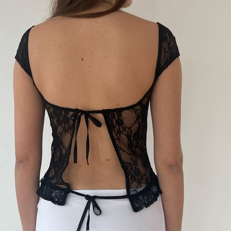Sexy Lace Mesh Backless Top for Women Sheer See-through T-shirt