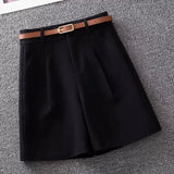 Lubintang Shorts Women 2023 Summer New High Waist A- Line Outer Wear Wide Leg Cropped Trousers Black Shorts Women With Belt