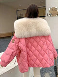 Lubintang Fox Fur Collar Cotton Padded Parkas Diamond Plaid Thicken Jackets Winter Loose Women Coats Korean Fashion Warm Chaquetas