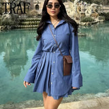 Lubintang Blue Shirt Dress Woman Striped Pleated Short Dresses For Women Long Sleeve Casual Summer Women's Dresses Button Mini Dress