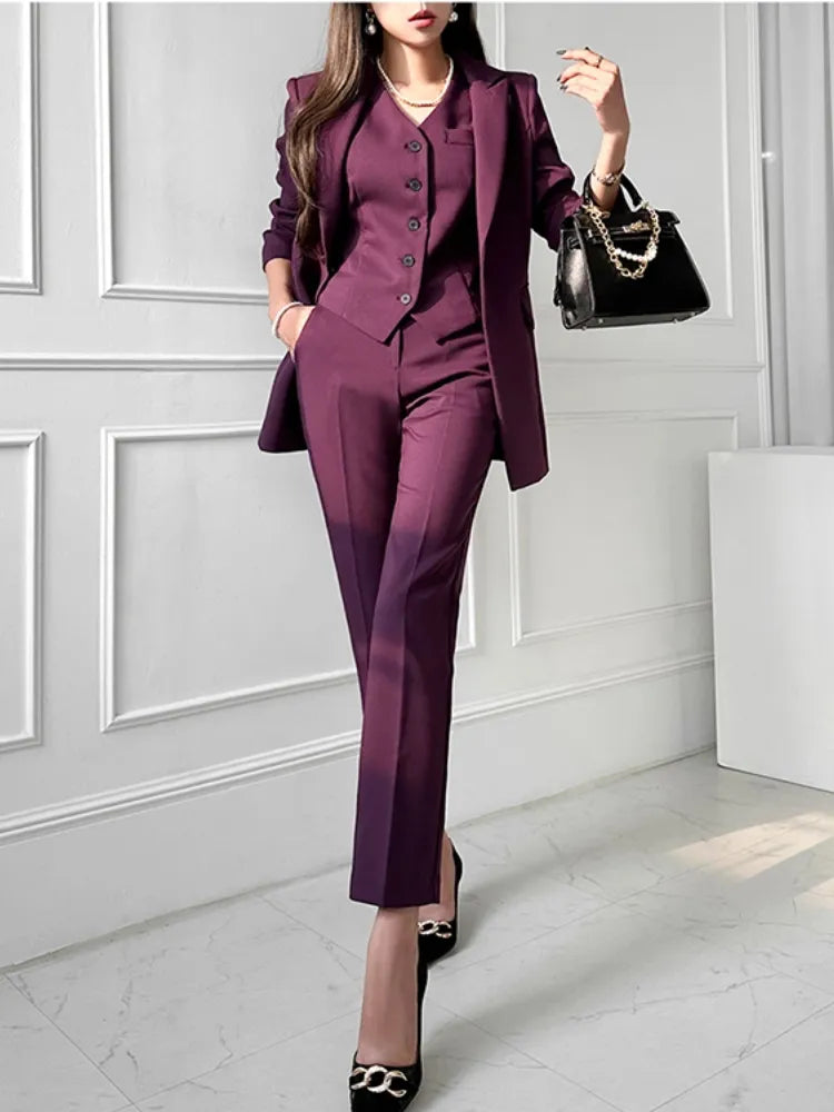 Women Casual Elegant Business Trousers Suit Office Ladies Slim Vintage  Blazer Pantsuit Female Fashion Korean Clothes
