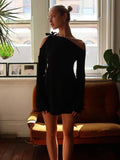 Lubintang Sexy Off Shoulder Lace Up Women Dress Black Long Sleeve Hollow Out Mini Dress Femme Summer Skinny Elegant Party Clubwear