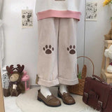 Lubintang Harajuku Kawaii Beige Corduroy Pants Cute Japanese Style Lolita Brown Wide Leg Trousers Embroidery Girly Sweet Pantalon