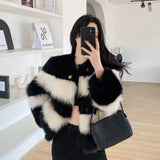 Lubintang Women's Black and White Matching Faux Fur Jacket, Winter Coat, 2023