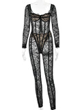 Lubintang Sexy See Through Lace Floral Women Jumpsuit White Long Sleeve Hollow Out Jumpsuit Autumn Bodycon Elegant Party Clubwear