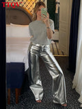 Lubintang Fashion Silver Pu Leather Women's Pants 2023 Elegant High Waisted Solid Trousers Spring Casual Straight Full Length Pants 1006