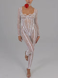 Lubintang Sexy See Through Lace Floral Women Jumpsuit White Long Sleeve Hollow Out Jumpsuit Autumn Bodycon Elegant Party Clubwear