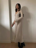 Lubintang Knitted Pit Stripes Maxi Dress For Women White Long Sleeve Round Neck Dress Female Autumn Solid Casual Skinny Streetwear