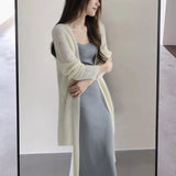 Lubintang Women Long Korean Elegant Knit Cardigan Hollowed Out Lightweight Sweaters Summer Sunscreen Tops Female Aesthetics Shawl Knitwear