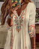 Lubintang Summer Dress Women's Elegant Fashion Retro Tribal Print Button Detail Long Sleeve Casual Dress Vestidos