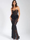 Lubintang Sexy Strapless Sheer Lace Women Maxi Dress Black Off Shoulder Floral Evening Dress Autumn Skinny Elegant Party Clubwear