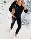 Lubintang Women Tracksuit 2 Piece Set Women Outfit Rhinestone Angel Wings Pattern Long Sleeve Top & Drawstring Cuffed Pants Set Sportswear