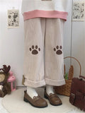 Lubintang Harajuku Kawaii Beige Corduroy Pants Cute Japanese Style Lolita Brown Wide Leg Trousers Embroidery Girly Sweet Pantalon