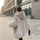 Lubintang Warm Loose Faux Furs Jackets Hooded Korean Winter Coats Imitate Rabbit Fur 2023 Overcoat Women Casual Furry Jaqueta New