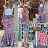 Lubintang Long Patchwork Print A-Line Skirt Floral Skirt Women Casual Beach Faldas Female Boho Elastic Waist Holiday Maxi Skirts