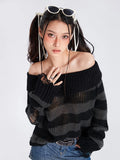 Lubintang Y2k Punk Rock Zipper Sexy Off Shoulder Sweaters Women Gothic Black Grey Stripes Broken Hole Loose Knitted Jumpers