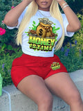 Lubintang Graffiti 2pcs Money Letter Cartoon Print Shorts Set Simple O Neck Short Sleeve White T-shirt&Elastic Waist Matching Shorts