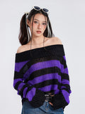 Lubintang Y2k Punk Rock Zipper Sexy Off Shoulder Sweaters Women Gothic Black Grey Stripes Broken Hole Loose Knitted Jumpers