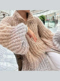 Lubintang Women Fashion Gradual Sequin Knit Cardigan Elegant Loose Lantern Sleeves Zipper Sweater 2023 Autumn Winter Female Knitwear Tops