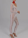 Lubintang Sexy See Through Lace Floral Women Jumpsuit White Long Sleeve Hollow Out Jumpsuit Autumn Bodycon Elegant Party Clubwear