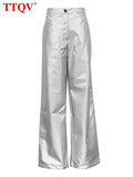 Lubintang Fashion Silver Pu Leather Women's Pants 2023 Elegant High Waisted Solid Trousers Spring Casual Straight Full Length Pants 1006