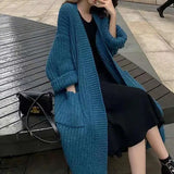 Lubintang Women Long Sleeve Knit Cardigan Side Split Big Pocket Sweater Korean Fashion Elegant Tops Fall Winter Coat Solid Basic Outerwear