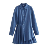 Lubintang Blue Shirt Dress Woman Striped Pleated Short Dresses For Women Long Sleeve Casual Summer Women's Dresses Button Mini Dress