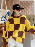 Lubintang Women Causal Loose Check Sweater Knitting Pullover