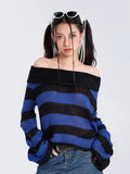 Lubintang Y2k Punk Rock Zipper Sexy Off Shoulder Sweaters Women Gothic Black Grey Stripes Broken Hole Loose Knitted Jumpers