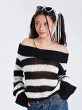 Lubintang Y2k Punk Rock Zipper Sexy Off Shoulder Sweaters Women Gothic Black Grey Stripes Broken Hole Loose Knitted Jumpers