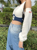 lubintang Spring Fashion Patchwork Women T-shirt 2023 New Sexy Off Shoulder Rib Knitted Letter Slim Wild Streetwear Female Top