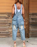 Lubintang Denim Jumpsuit Women's Overall Fashion Split Loose Wide Leg Pocket Button Slim Blue Suspenders Vintage Women's jumpsuit