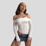 Lubintang Retro Floral Lace Mesh Off Shoulder T shirt Tops Chic Long Sleeve Fairy Grunge Y2K Vintage Crop Tops Women Skinny Tops