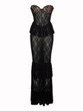 Lubintang Sexy Strapless Sheer Lace Women Maxi Dress Black Off Shoulder Floral Evening Dress Autumn Skinny Elegant Party Clubwear