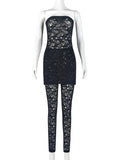 Lubintang Print Floral Sheer Lace Women Pant Suit Black Sexy Strapless Top High Waist Pant Autumn Slim Elegant Two Piece Sets 2023