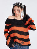 Lubintang Y2k Punk Rock Zipper Sexy Off Shoulder Sweaters Women Gothic Black Grey Stripes Broken Hole Loose Knitted Jumpers