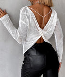 Lubintang Black Women Knit Sweater Oversize Autumn Winter 2023 Pearls Strap Backless Twisted Knit Sweater Long Sleeve O-Neck Tops