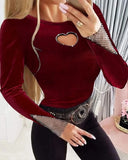 Lubintang Sexy Blouses 2024 Autumn Rhinestone Hollow Heart Velvet Patchwork Ribbed Knitted O-Neck Sweater Long Sleeve Slim Pullover