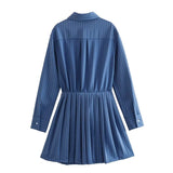 Lubintang Blue Shirt Dress Woman Striped Pleated Short Dresses For Women Long Sleeve Casual Summer Women's Dresses Button Mini Dress