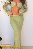 Lubintang Knitted Sexy Hollow Out Women Skirt Suit Green Long Sleeve Crop Top Long Skirt Autumn Skinny Elegant Two Piece Sets 2023