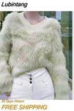 Lubintang Women's Artificial Mink Fur V-Neck Sweater, Knitting Pullover, Autumn