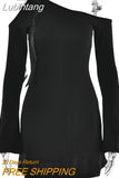 Lubintang Sexy Off Shoulder Lace Up Women Dress Black Long Sleeve Hollow Out Mini Dress Femme Summer Skinny Elegant Party Clubwear