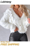 Lubintang Sweater for Women 2023 Winter Fashion V Neck Button Versatile Floral Pattern Beaded Fuzzy Thermal Knit Cardigan for Women