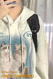 Lubintang Oversize Cat Print Hooded Women Winter Fleece Sudadera Long Sleeve Sweatshirt American Vintage Pullovers Hoodies Tops y2k