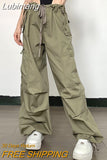 Lubintang Y2K Green Low Waist Cargo Parachute Pants Women Hip Hop Streetwear Oversized Drawstring Wide Leg Trousers Harajuku Retro