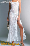 Lubintang Sexy See Through Lace Women Long Dress White Spaghetti Strap High Slit Dress Female Summer Skinny Elegant Party Clubwear