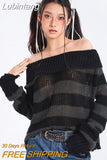 Lubintang Y2k Punk Rock Zipper Sexy Off Shoulder Sweaters Women Gothic Black Grey Stripes Broken Hole Loose Knitted Jumpers