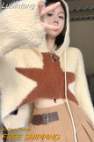 Lubintang Women Causal Loose Short Hooded Sweater Crop Top Girl Star Pattern Knitting Pullover