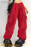 Lubintang Cyber Y2K Red Parachute Pants Women Hip Hop Streetwear Gray Cargo Trousers Oversized Egirl Punk Black Wide Leg Pantalones